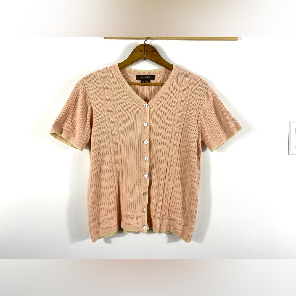 Vintage Rayon Cotton Short Sleeve Cardigan Sweater with Dark Mother of Pearl
